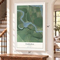 Tazlina, Alaska map, 24 x 36 inch print in a white frame by a staircase