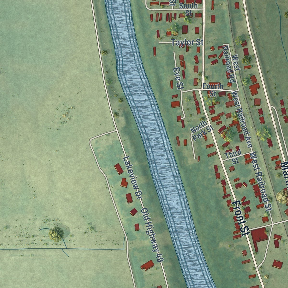 Second close-up of the map of Tchula, Mississippi print showing more streets and buildings