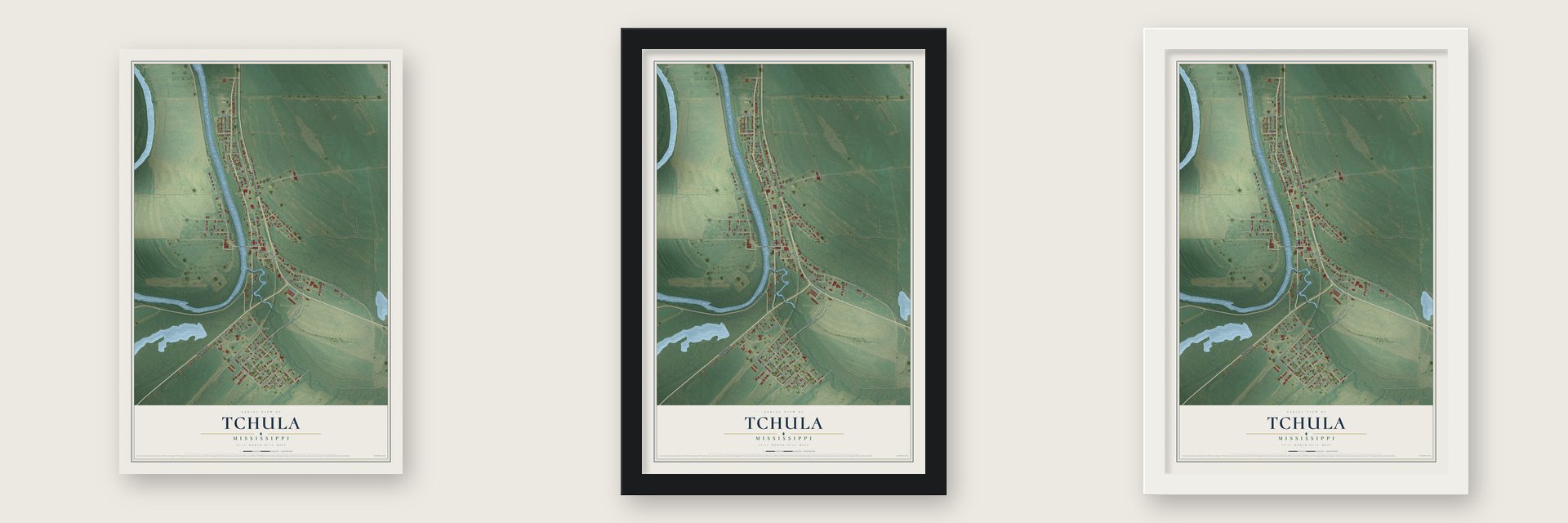 Tchula, Mississippi map unframed, in a black wood frame and in a white wood frame