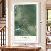 Tchula, Mississippi map, 24 x 36 inch print in a white frame by a staircase