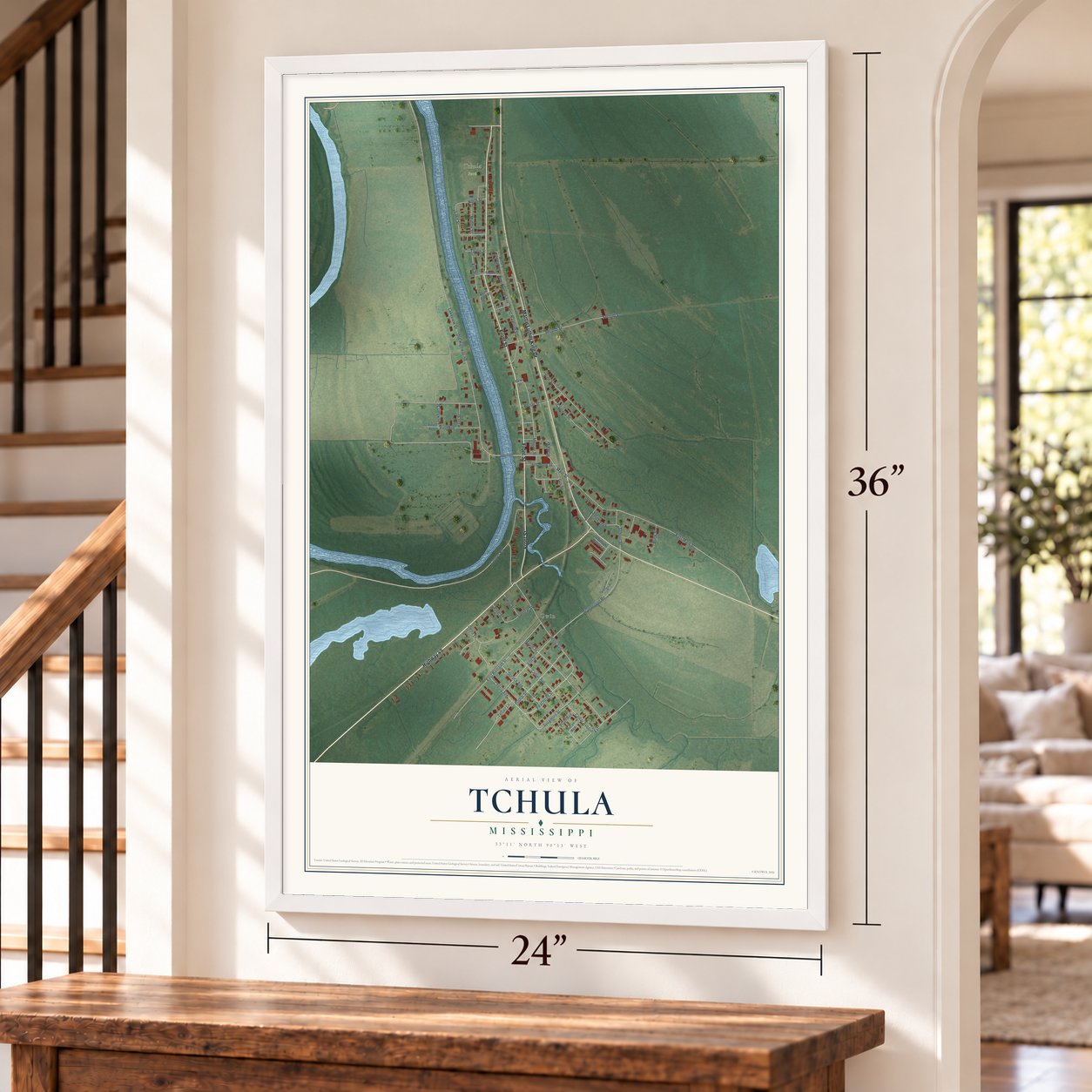 Tchula, Mississippi map, 24 x 36 inch print in a white frame by a staircase