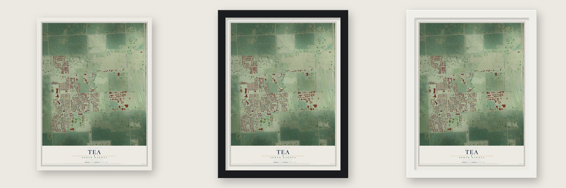 Tea, South Dakota map unframed, in a black wood frame and in a white wood frame
