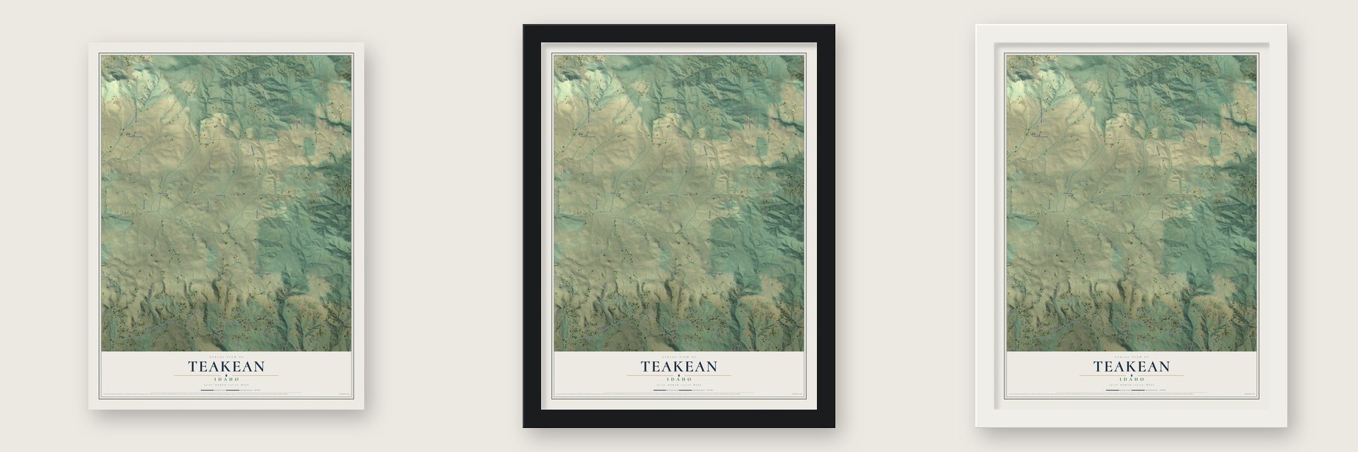Teakean, Idaho map unframed, in a black wood frame and in a white wood frame