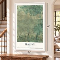 Teakean, Idaho map, 24 x 36 inch print in a white frame by a staircase