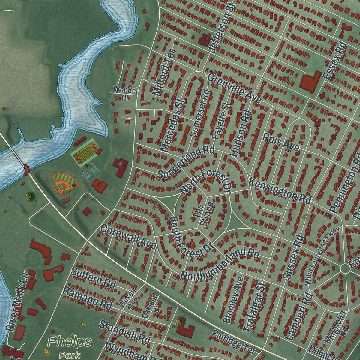 Second close-up of the map of Teaneck, New Jersey print showing more streets and buildings