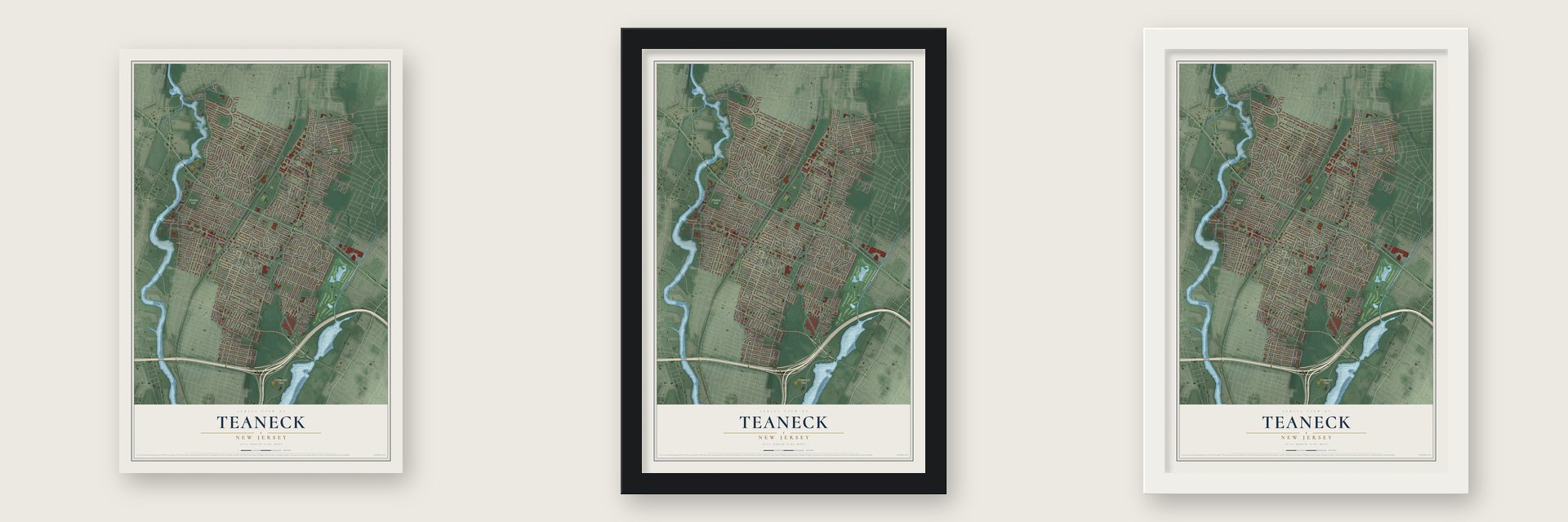 Teaneck, New Jersey map unframed, in a black wood frame and in a white wood frame