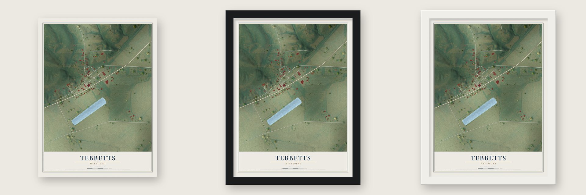 Tebbetts, Missouri map unframed, in a black wood frame and in a white wood frame