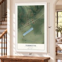 Tebbetts, Missouri map, 24 x 36 inch print in a white frame by a staircase