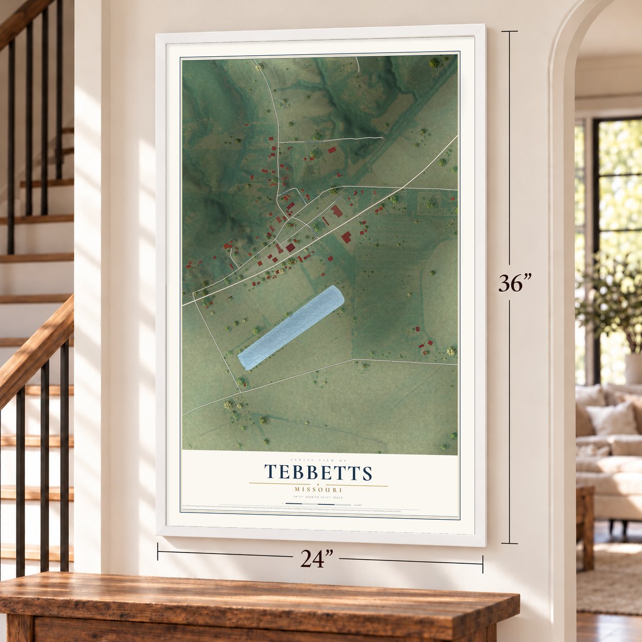 Tebbetts, Missouri map, 24 x 36 inch print in a white frame by a staircase