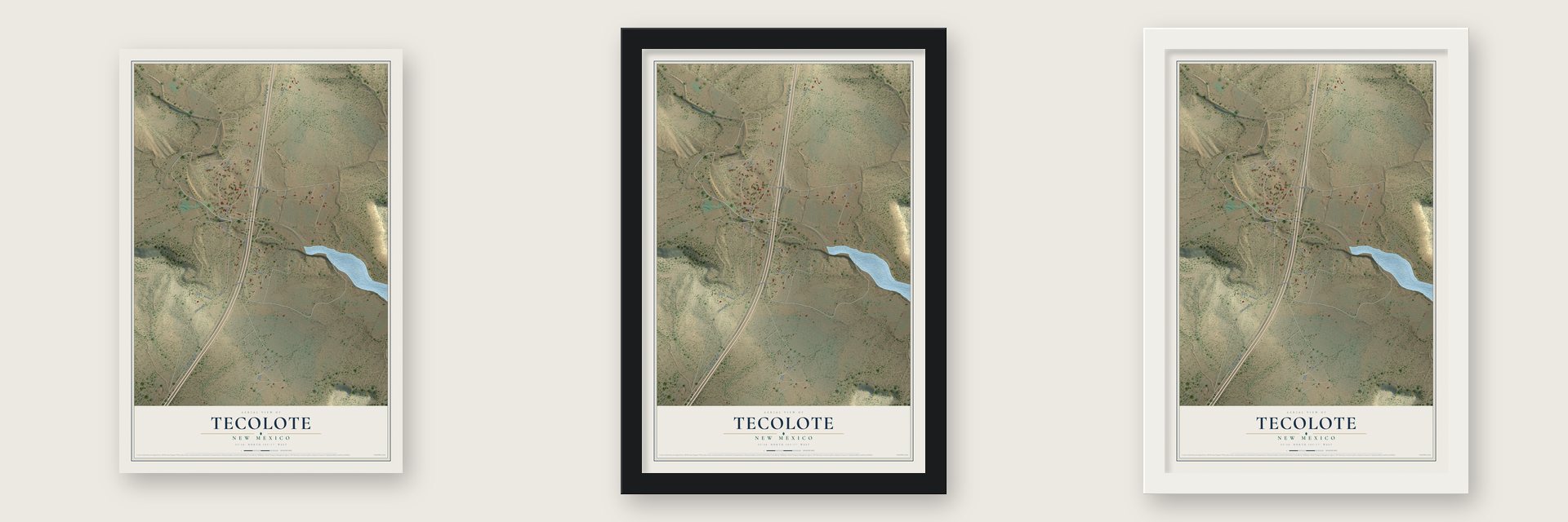 Tecolote, New Mexico map unframed, in a black wood frame and in a white wood frame