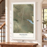 Tecolote, New Mexico map, 24 x 36 inch print in a white frame by a staircase