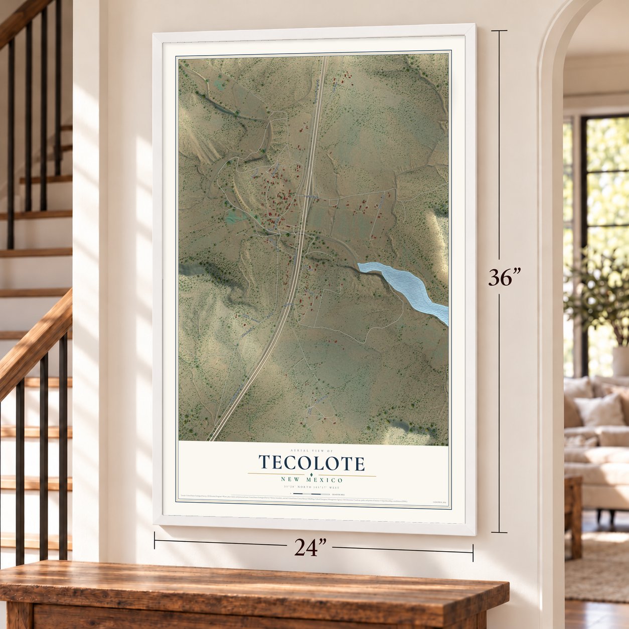 Tecolote, New Mexico map, 24 x 36 inch print in a white frame by a staircase