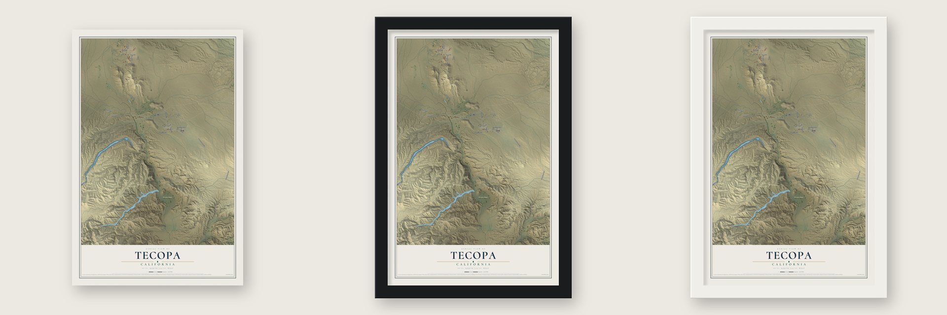 Tecopa, California map unframed, in a black wood frame and in a white wood frame