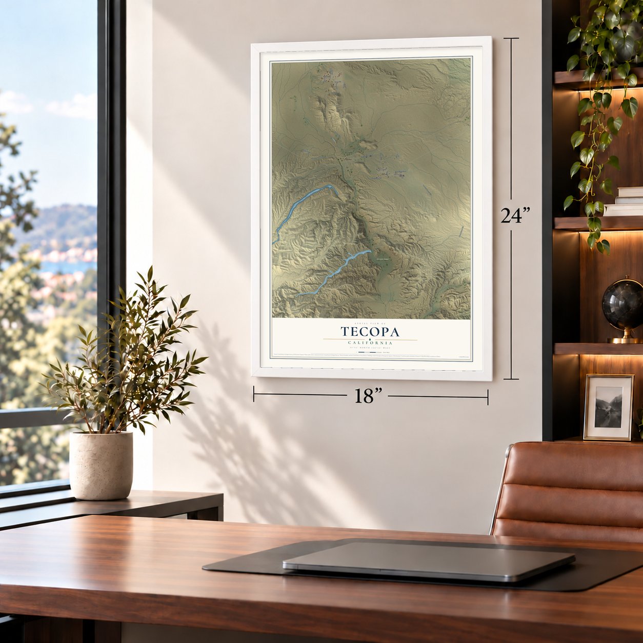 Tecopa, California map, 18 x 24 inch print in a white frame in a home office