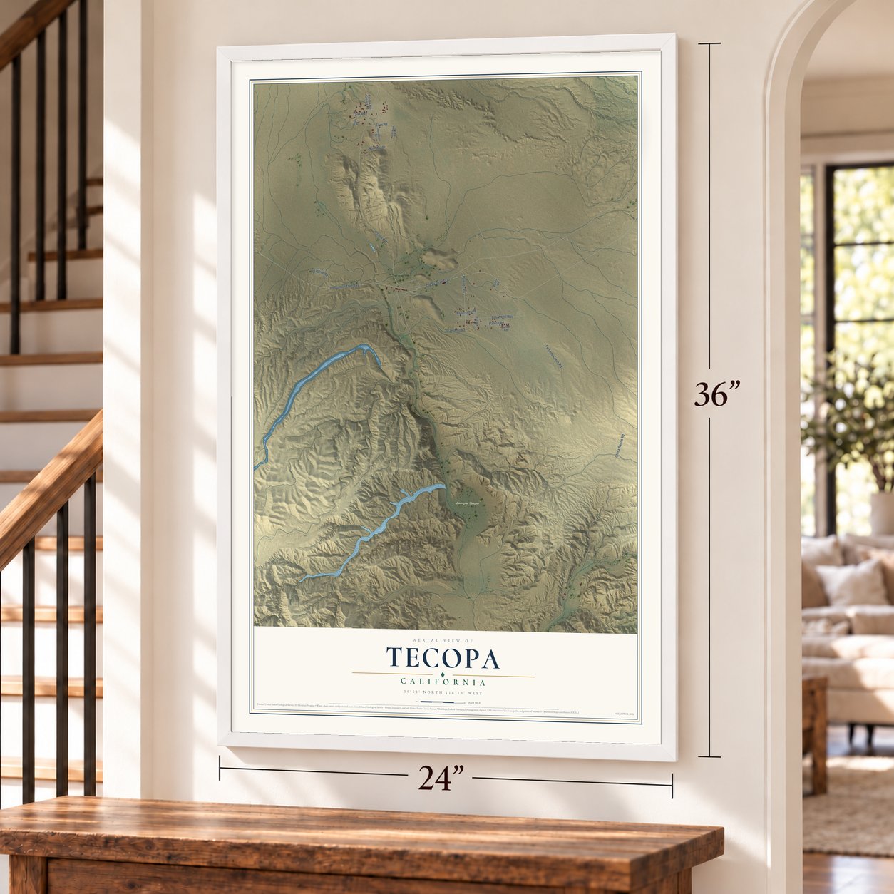 Tecopa, California map, 24 x 36 inch print in a white frame by a staircase