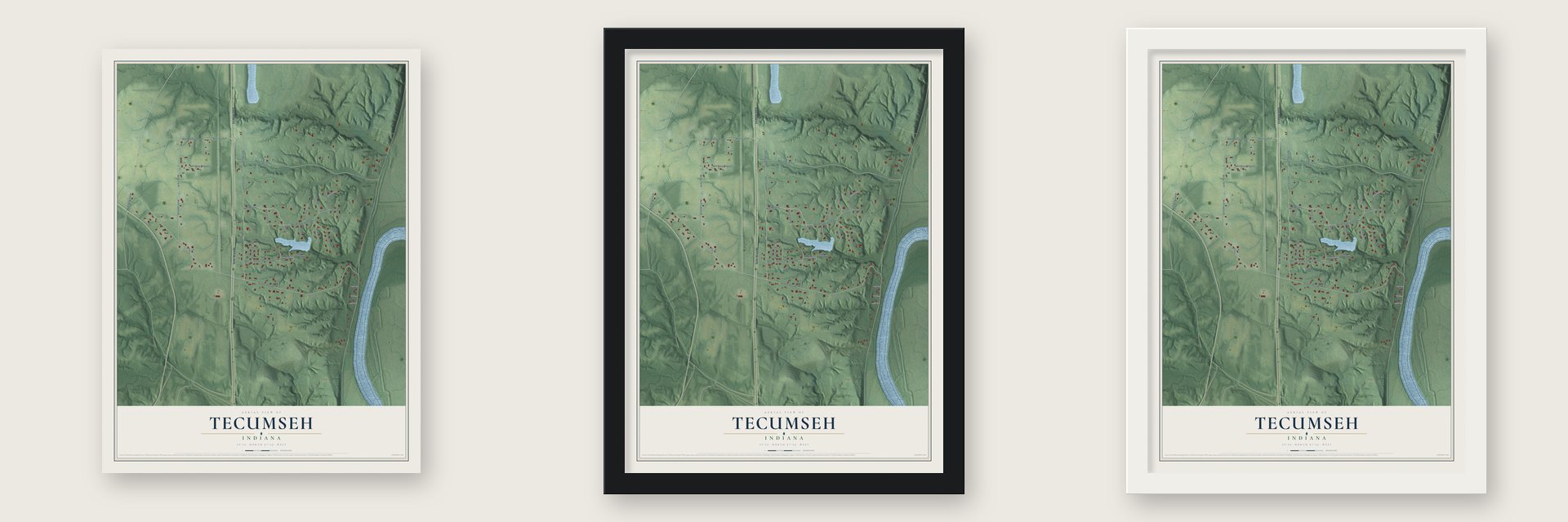Tecumseh, Indiana map unframed, in a black wood frame and in a white wood frame
