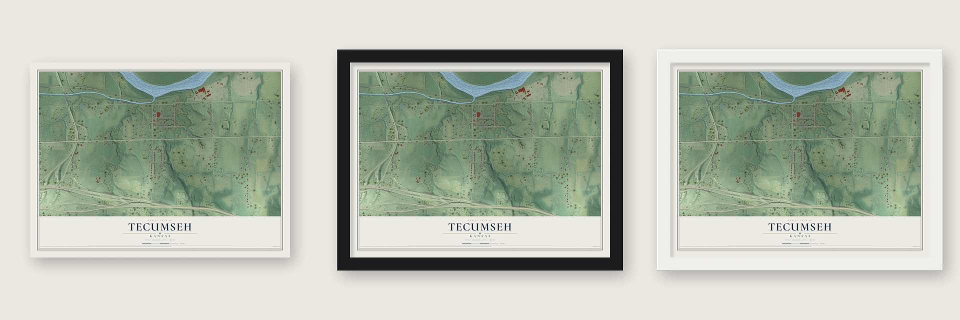 Tecumseh, Kansas map unframed, in a black wood frame and in a white wood frame