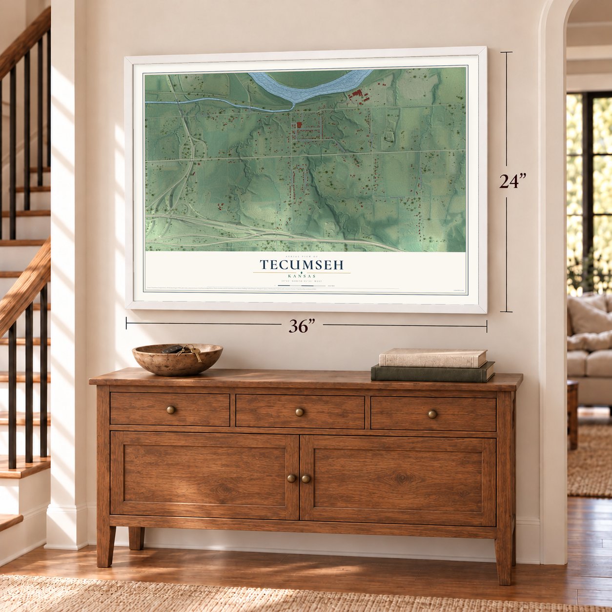 Tecumseh, Kansas map, 24 x 36 inch print in a white frame above a dresser by a staircase
