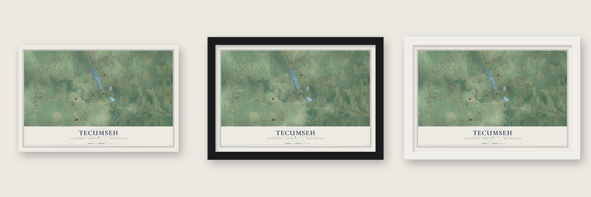 Tecumseh, Lenawee County, Michigan map unframed, in a black wood frame and in a white wood frame