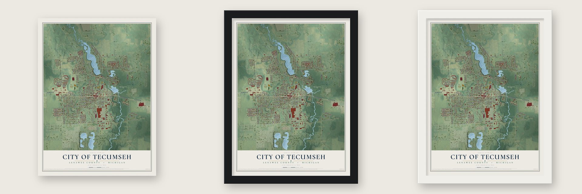 Tecumseh, Michigan map unframed, in a black wood frame and in a white wood frame
