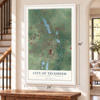 Tecumseh, Michigan map, 24 x 36 inch print in a white frame by a staircase
