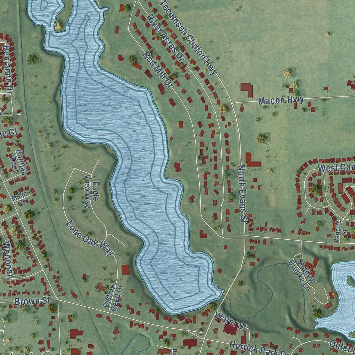 Second close-up of the map of Tecumseh, Michigan print showing more streets and buildings