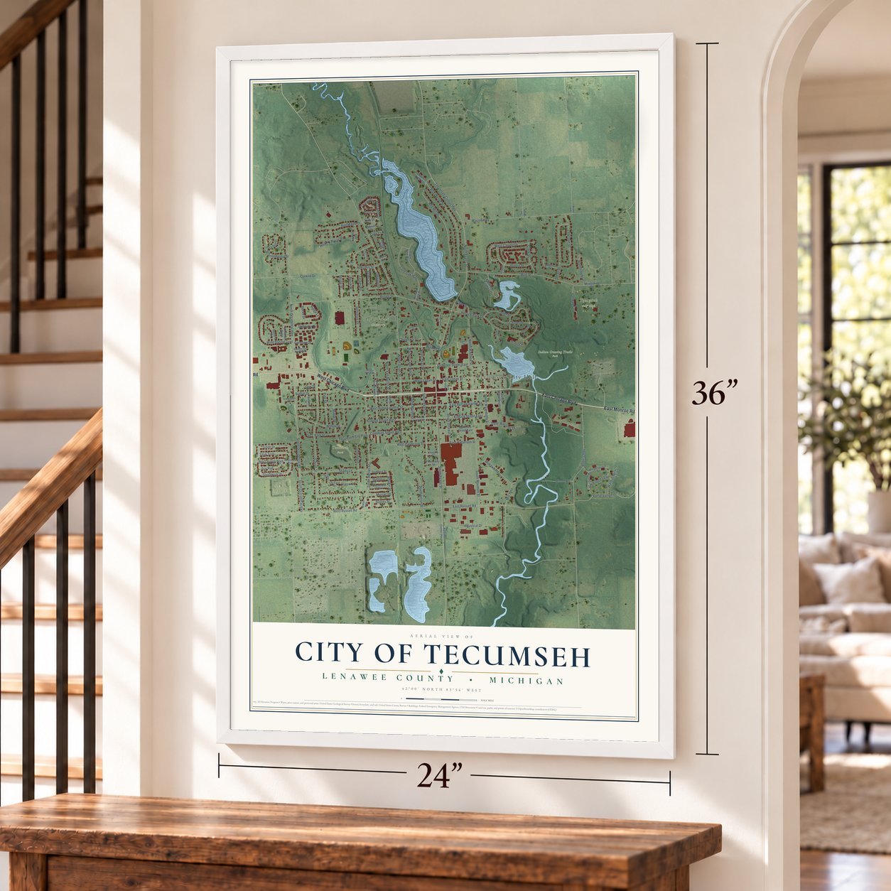 Tecumseh, Michigan map, 24 x 36 inch print in a white frame by a staircase