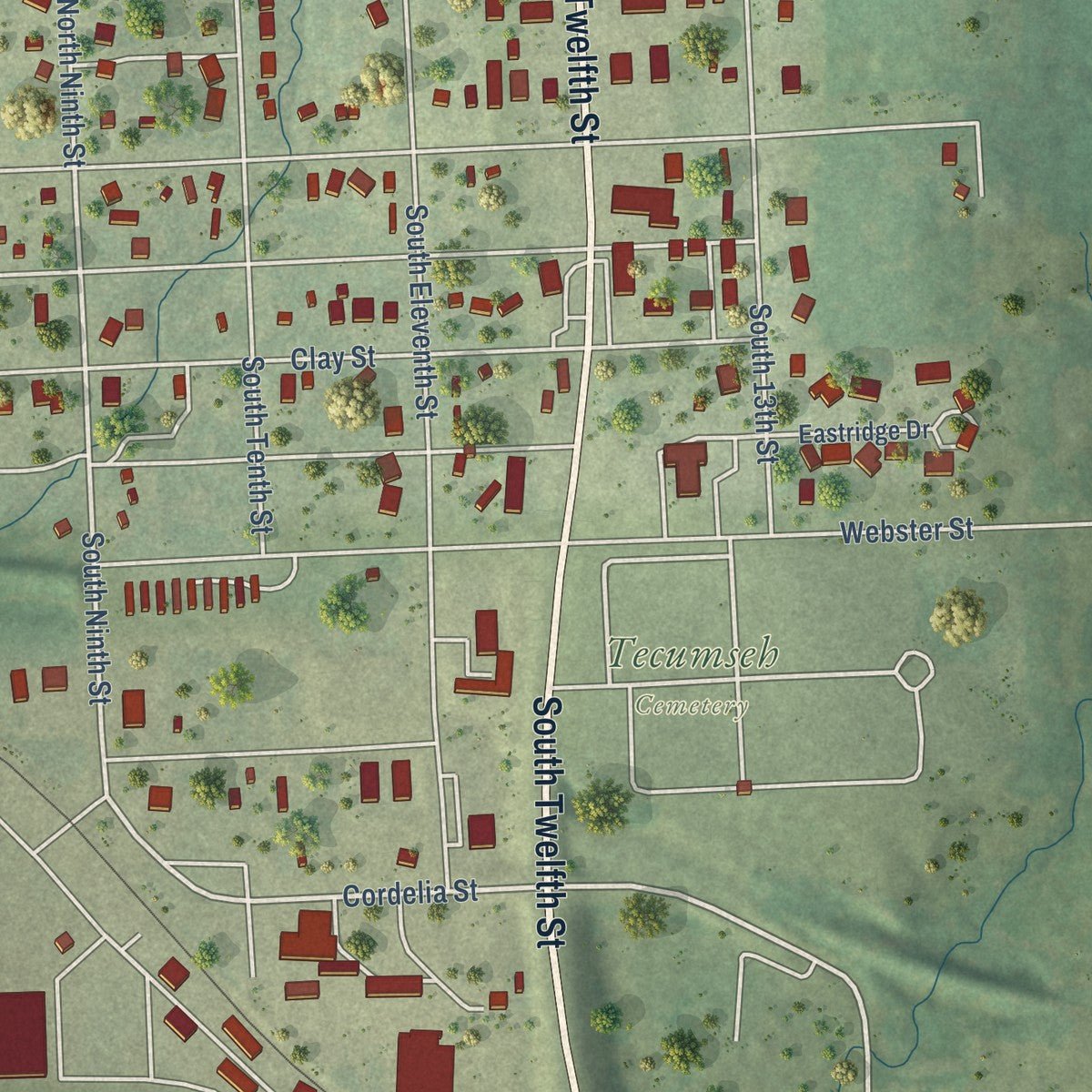 Second close-up of the map of Tecumseh, Nebraska print showing more streets and buildings