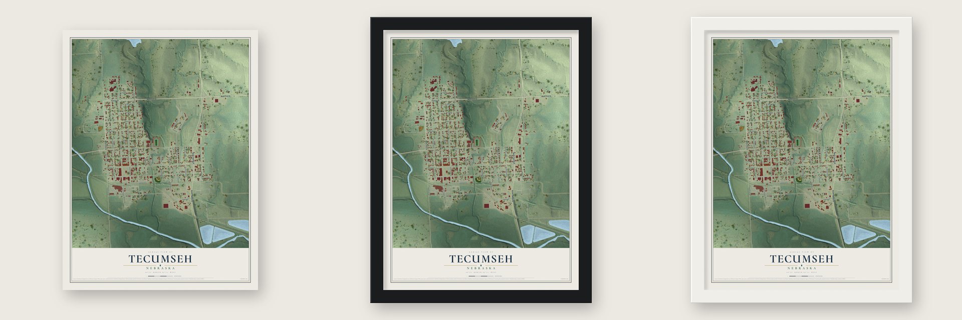 Tecumseh, Nebraska map unframed, in a black wood frame and in a white wood frame