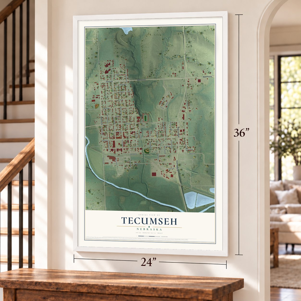 Tecumseh, Nebraska map, 24 x 36 inch print in a white frame by a staircase