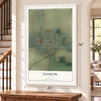 Tedrow, Ohio map, 24 x 36 inch print in a white frame by a staircase