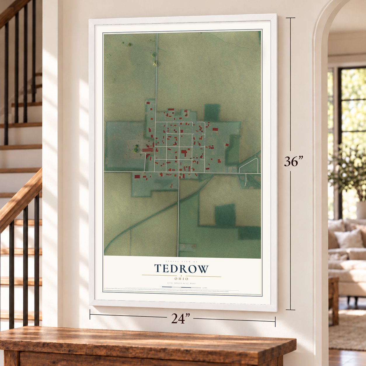 Tedrow, Ohio map, 24 x 36 inch print in a white frame by a staircase