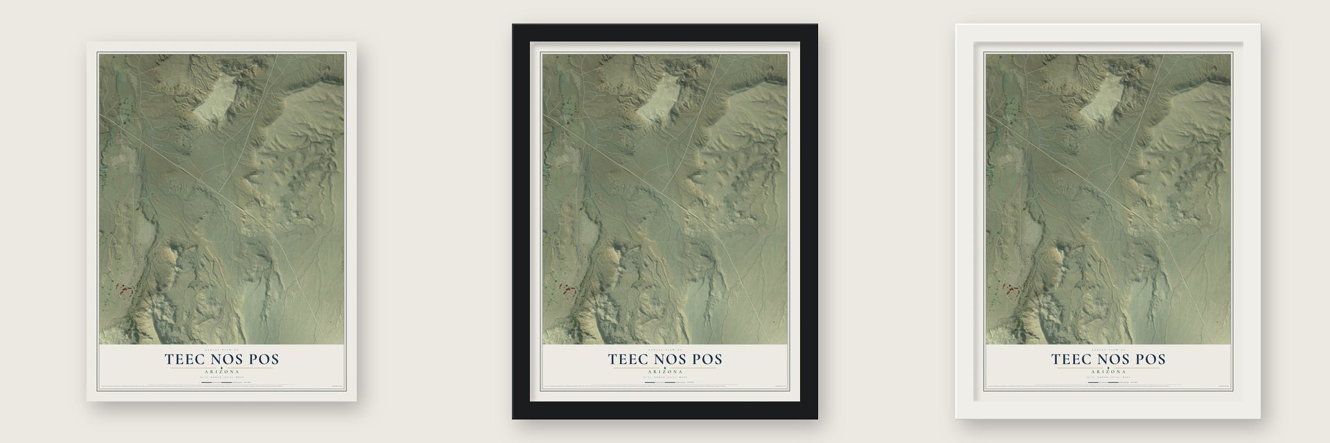 Teec Nos Pos, Arizona map unframed, in a black wood frame and in a white wood frame