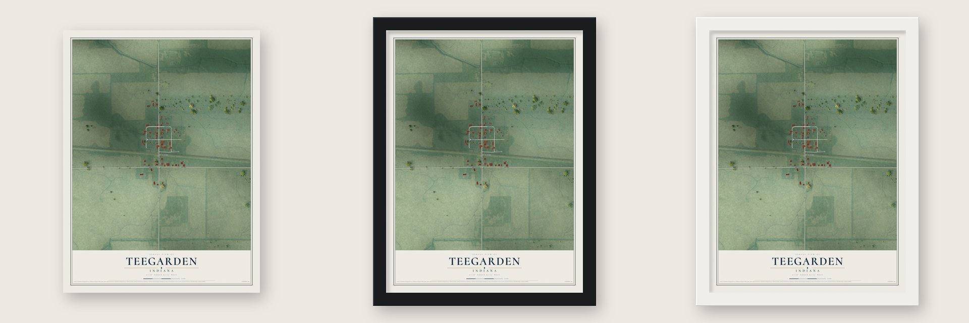 Teegarden, Indiana map unframed, in a black wood frame and in a white wood frame