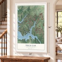 Tega Cay, South Carolina map, 24 x 36 inch print in a white frame by a staircase