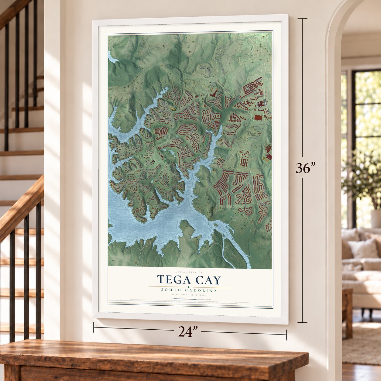 Tega Cay, South Carolina map, 24 x 36 inch print in a white frame by a staircase