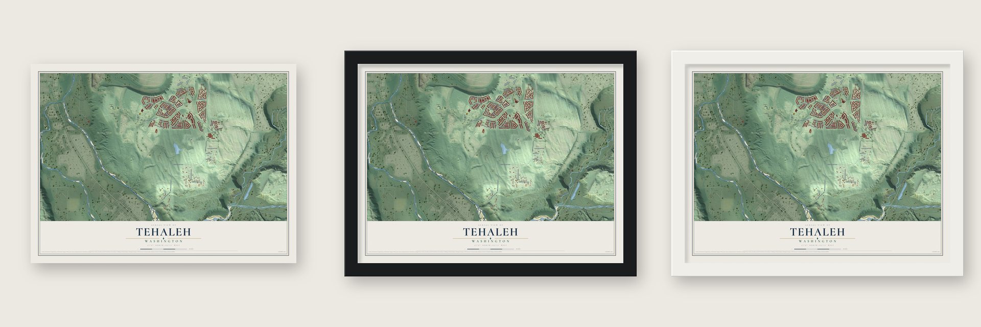 Tehaleh, Washington map unframed, in a black wood frame and in a white wood frame