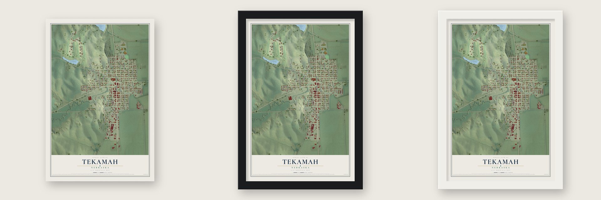 Tekamah, Nebraska map unframed, in a black wood frame and in a white wood frame
