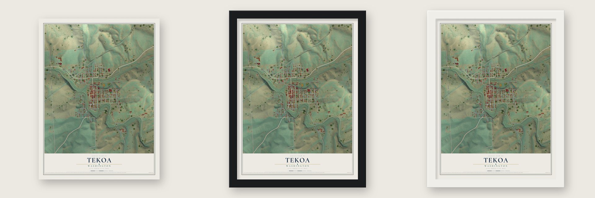 Tekoa, Washington map unframed, in a black wood frame and in a white wood frame