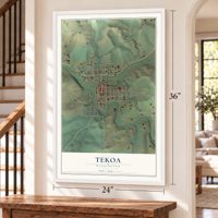 Tekoa, Washington map, 24 x 36 inch print in a white frame by a staircase