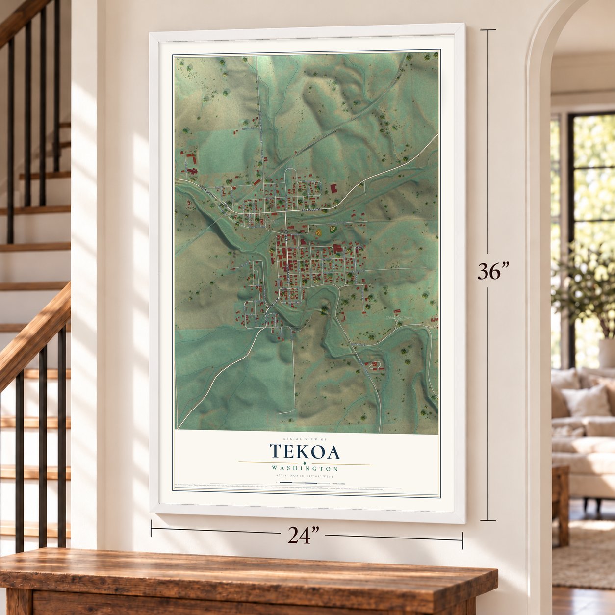 Tekoa, Washington map, 24 x 36 inch print in a white frame by a staircase