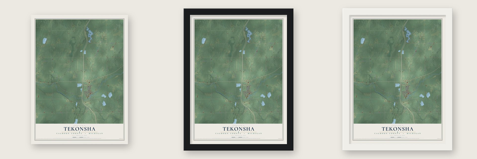Tekonsha, Calhoun County, Michigan map unframed, in a black wood frame and in a white wood frame