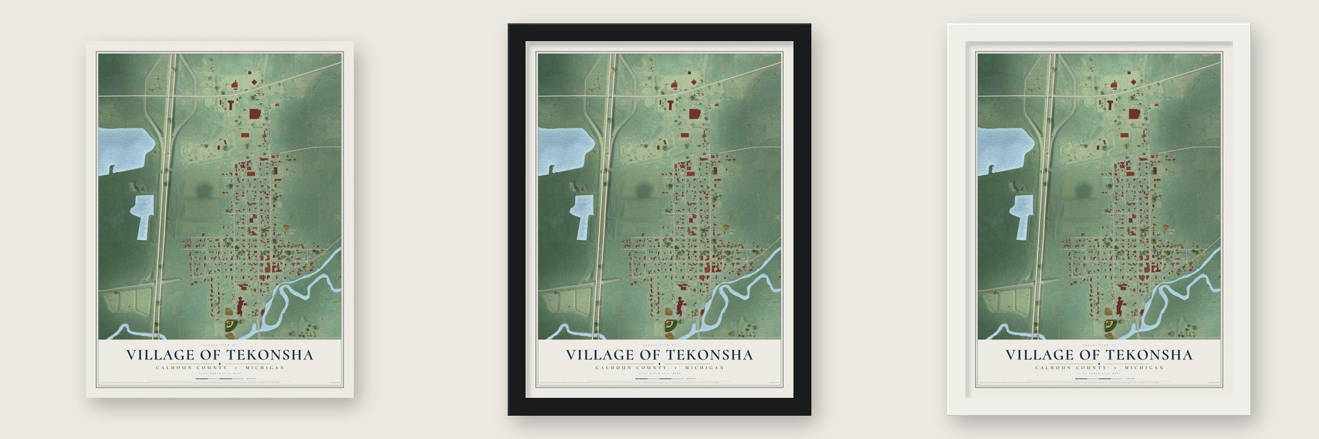 Tekonsha, Michigan map unframed, in a black wood frame and in a white wood frame