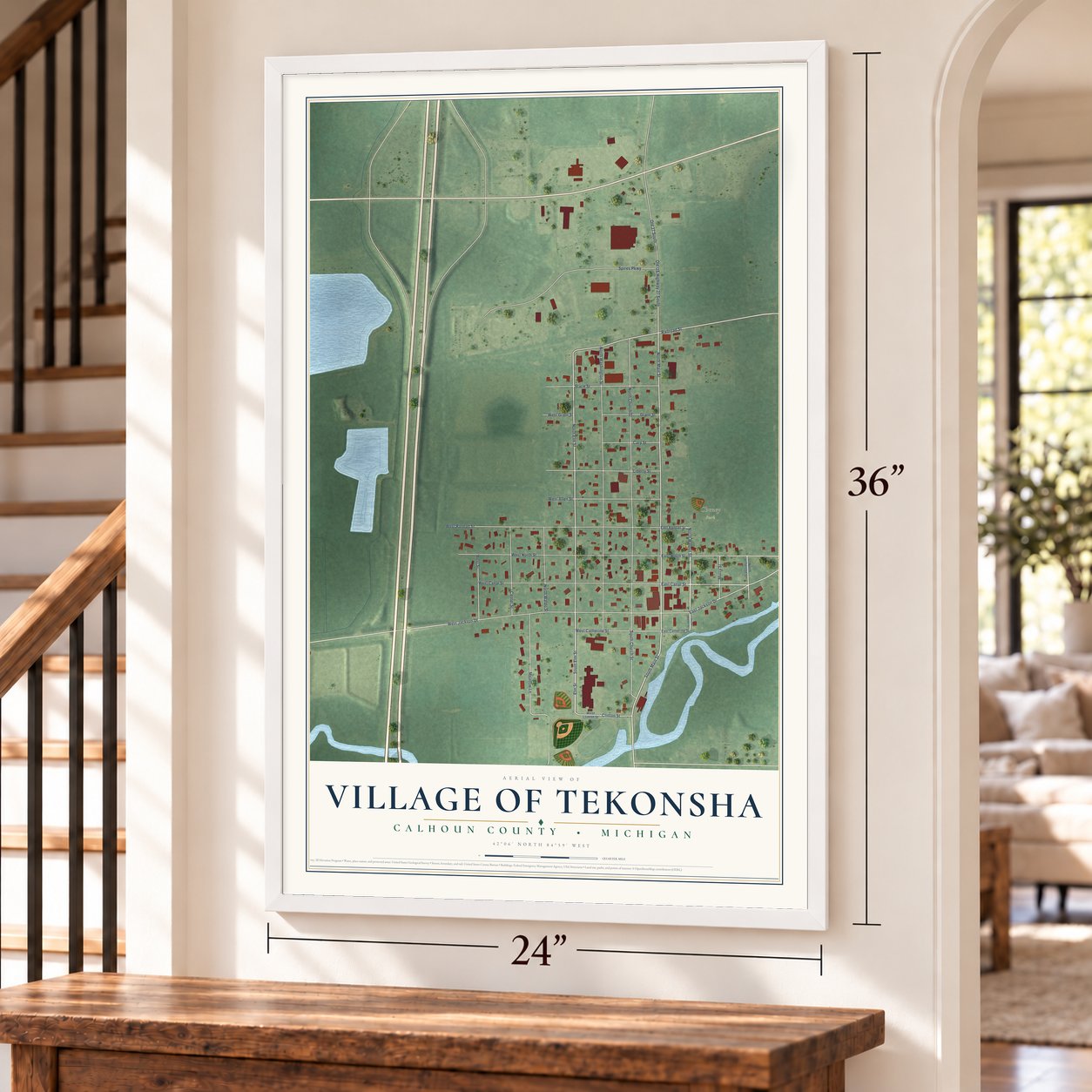 Tekonsha, Michigan map, 24 x 36 inch print in a white frame by a staircase