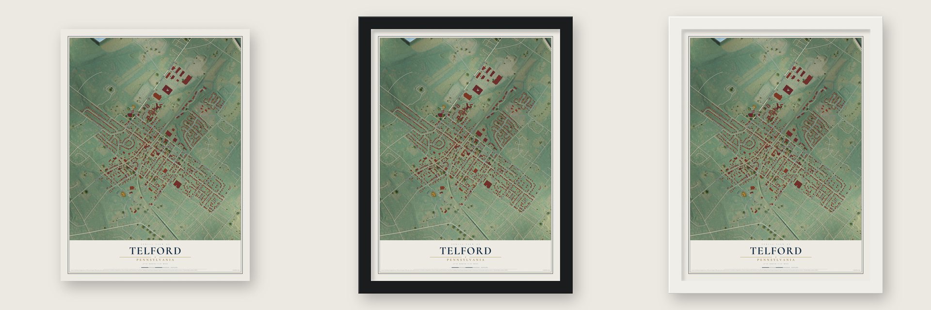 Telford, Pennsylvania map unframed, in a black wood frame and in a white wood frame