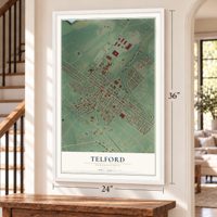 Telford, Pennsylvania map, 24 x 36 inch print in a white frame by a staircase