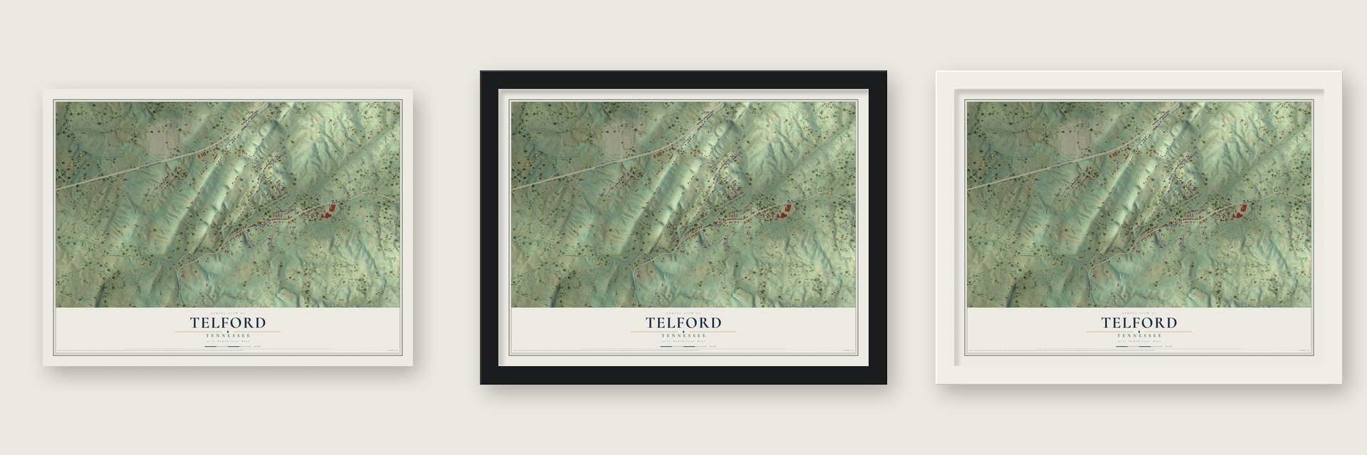 Telford, Tennessee map unframed, in a black wood frame and in a white wood frame