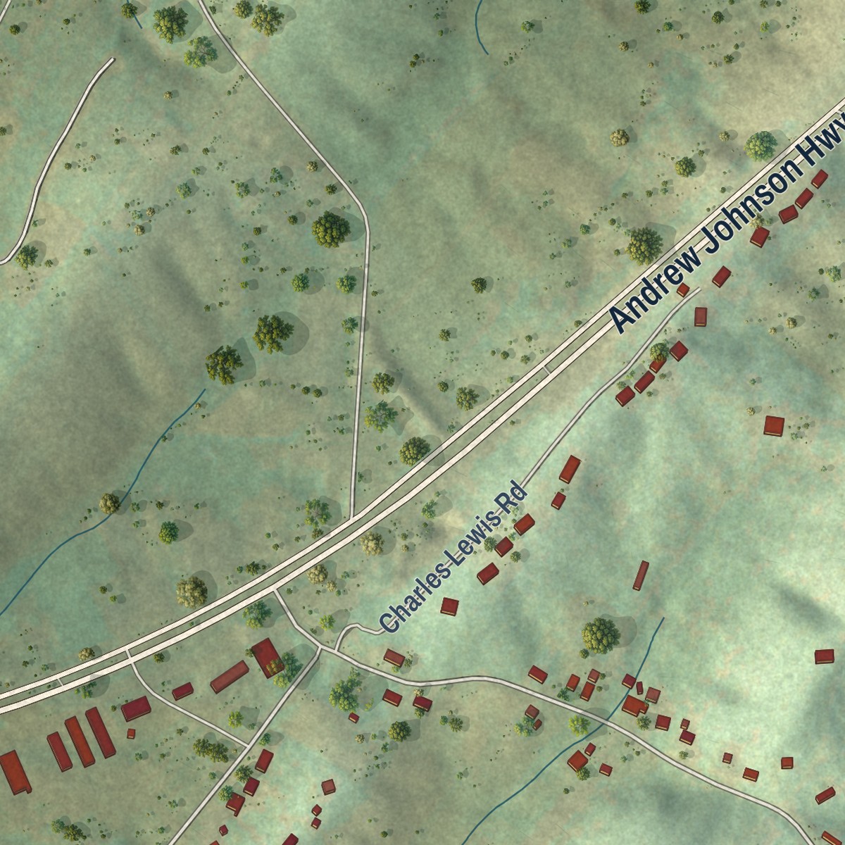 Second close-up of the map of Telford, Tennessee print showing more streets and buildings