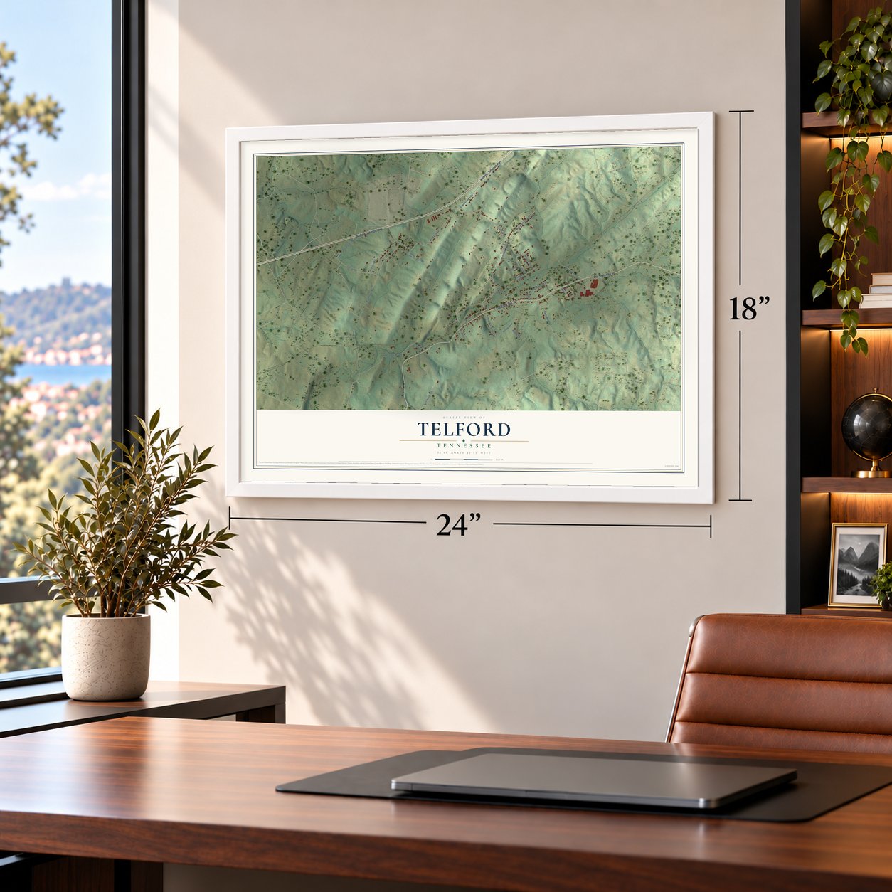 Telford, Tennessee map, 18 x 24 inch print in a white frame in a home office