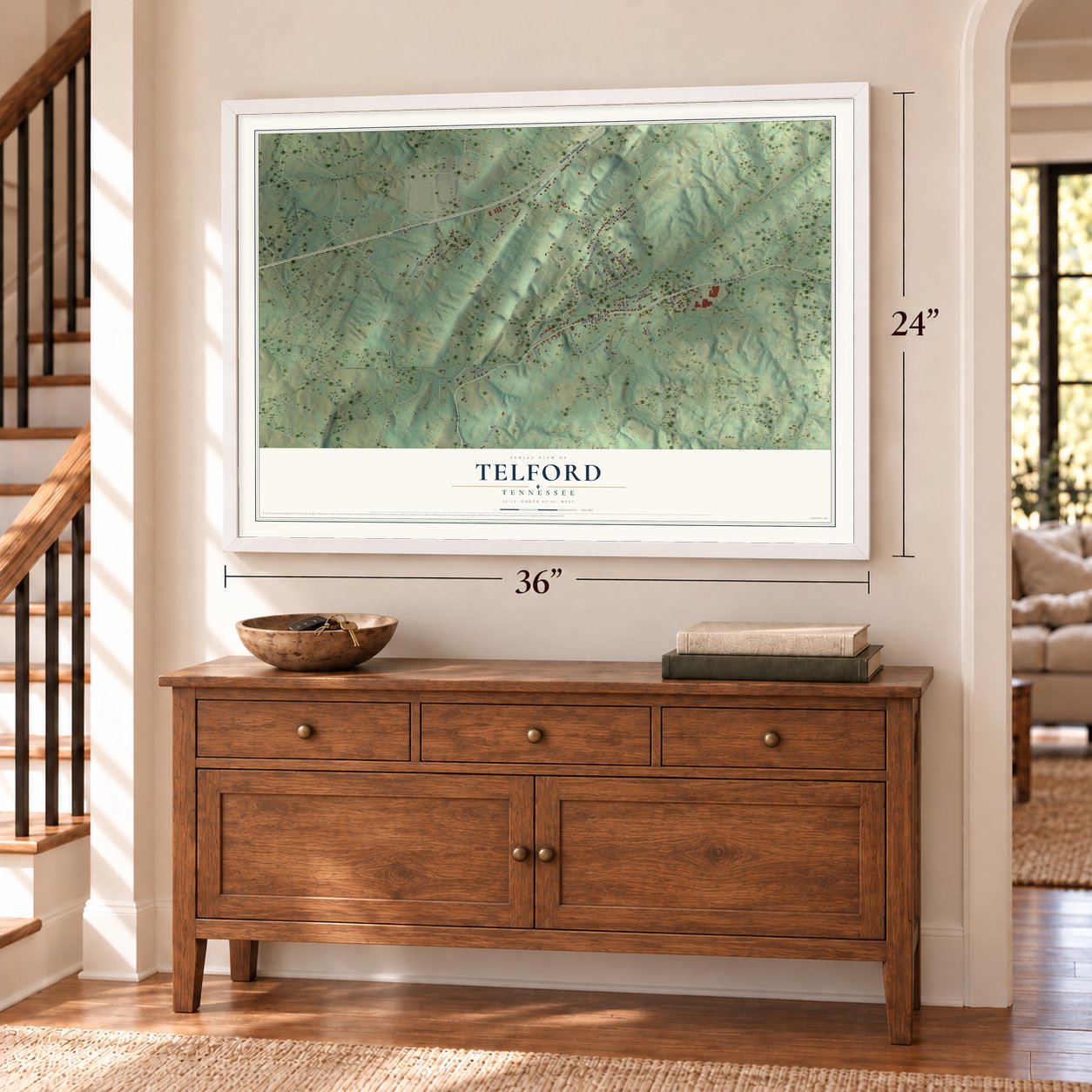 Telford, Tennessee map, 24 x 36 inch print in a white frame above a dresser by a staircase